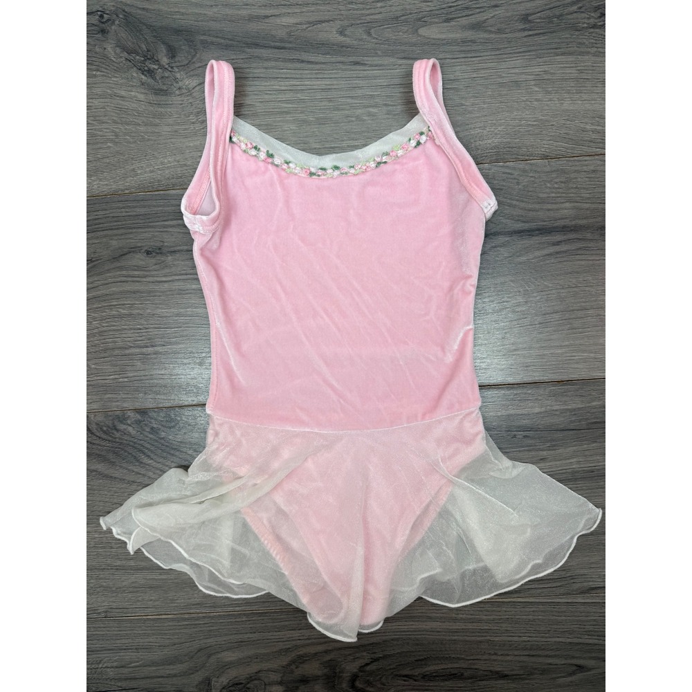 Vintage Pink Velvet Ballet Leotard Floral Embroidery Glitter Skirt Kids Medium